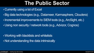 The Public Sector
   ‣ Currently using a lot of Excel

   ‣ Big data technologies (e.g., Datameer, Karmasphere, Cloudera)

   ‣ Incremental improvements to SIEM tools (e.g., ArcSight, etc.)

   ‣ Using non security / network tools (e.g., Advizor, Cognos)



   ‣ Working with blacklists and whitelists

   ‣ Not understanding the data intrinsically



pixlcloud |   creating big data stories                              copyright © 2011
 