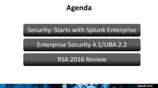 2
Agenda
Security: Starts with Splunk Enterprise
Enterprise Security 4.1/UBA 2.2
RSA 2016 Review
 