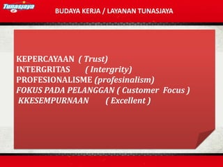 BUDAYA KERJA / LAYANAN TUNASJAYA
KEPERCAYAAN ( Trust)
INTERGRITAS ( Intergrity)
PROFESIONALISME (profesinalism)
FOKUS PADA PELANGGAN ( Customer Focus )
KKESEMPURNAAN ( Excellent )
 