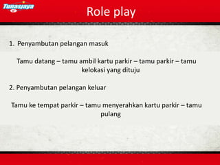 Role play
1. Penyambutan pelangan masuk
Tamu datang – tamu ambil kartu parkir – tamu parkir – tamu
kelokasi yang dituju
2. Penyambutan pelangan keluar
Tamu ke tempat parkir – tamu menyerahkan kartu parkir – tamu
pulang
 