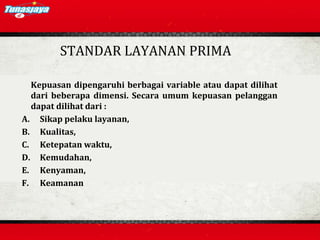Kepuasan dipengaruhi berbagai variable atau dapat dilihat
dari beberapa dimensi. Secara umum kepuasan pelanggan
dapat dilihat dari :
A. Sikap pelaku layanan,
B. Kualitas,
C. Ketepatan waktu,
D. Kemudahan,
E. Kenyaman,
F. Keamanan
STANDAR LAYANAN PRIMA
 