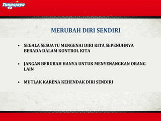 MERUBAH DIRI SENDIRI
• SEGALA SESUATU MENGENAI DIRI KITA SEPENUHNYA
BERADA DALAM KONTROL KITA
• JANGAN BERUBAH HANYA UNTUK MENYENANGKAN ORANG
LAIN
• MUTLAK KARENA KEHENDAK DIRI SENDIRI
 