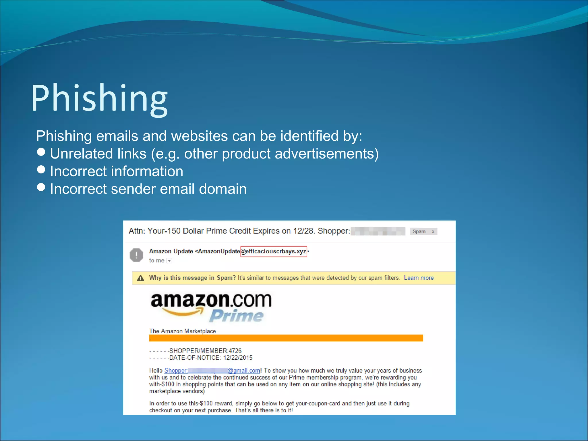 Phishing
Phishing emails and websites can be identified by:
Unrelated links (e.g. other product advertisements)
Incorrect information
Incorrect sender email domain
 