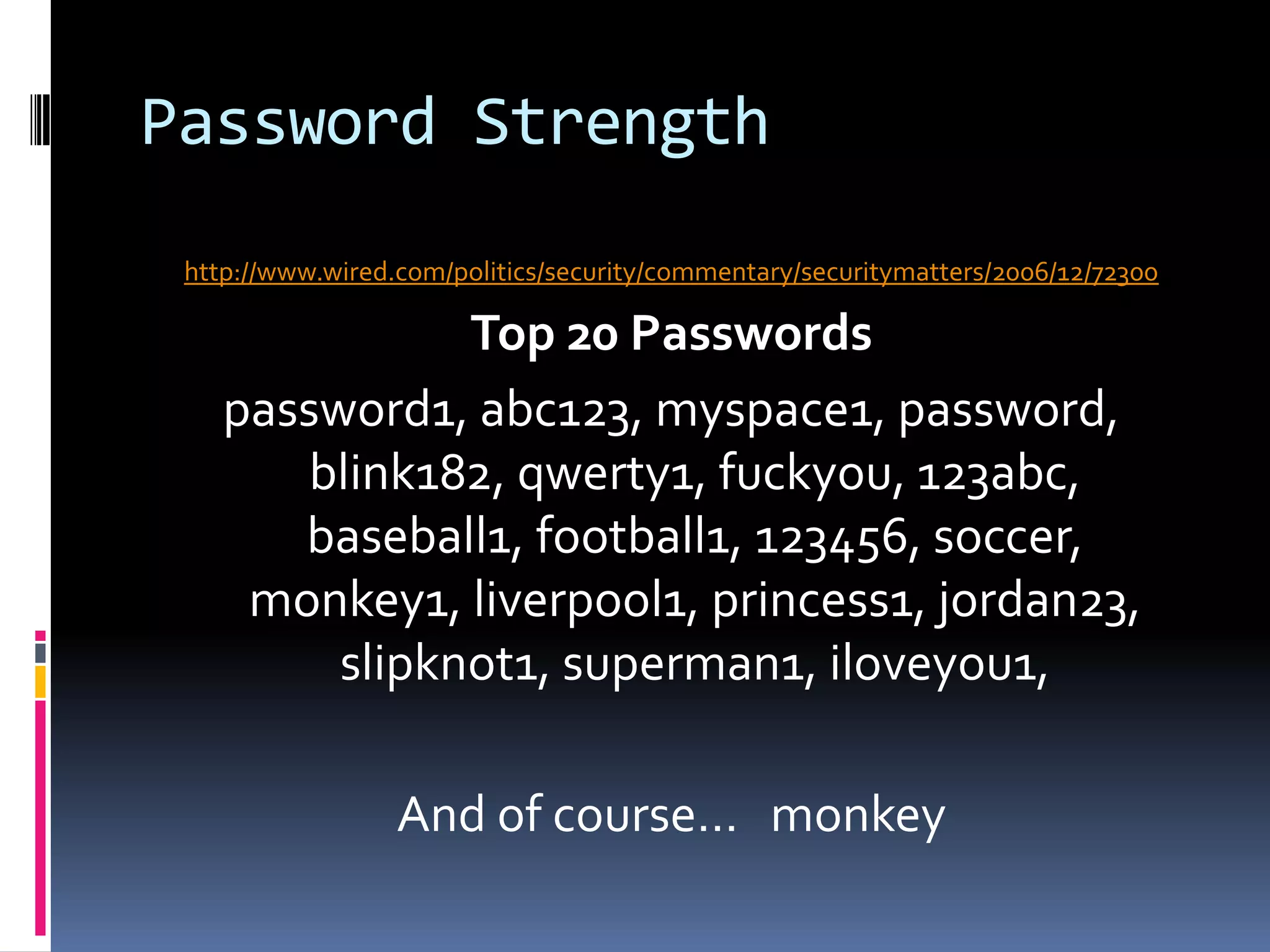 Password Strengthhttp://www.wired.com/politics/security/commentary/securitymatters/2006/12/72300Top 20 Passwordspassword1, abc123, myspace1, password, blink182, qwerty1, fuckyou, 123abc, baseball1, football1, 123456, soccer, monkey1, liverpool1, princess1, jordan23, slipknot1, superman1, iloveyou1,And of course…   monkey