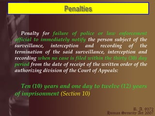 Penalty for  failure of police or law enforcement official to immediately notify  the person subject of the surveillance, interception and recording of the termination of the said surveillance, interception and recording  when no case is filed within the thirty (30) day period  from the date of receipt of the written order of the authorizing division of the Court of Appeals:   Ten (10) years and one day to twelve (12) years of imprisonment   (Section 10) 
