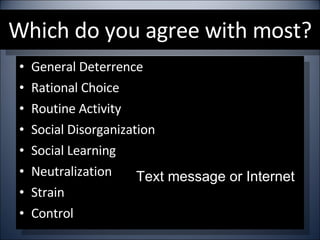 Which do you agree with most? General Deterrence Rational Choice Routine Activity Social Disorganization Social Learning Neutralization Strain Control Text message or Internet 
