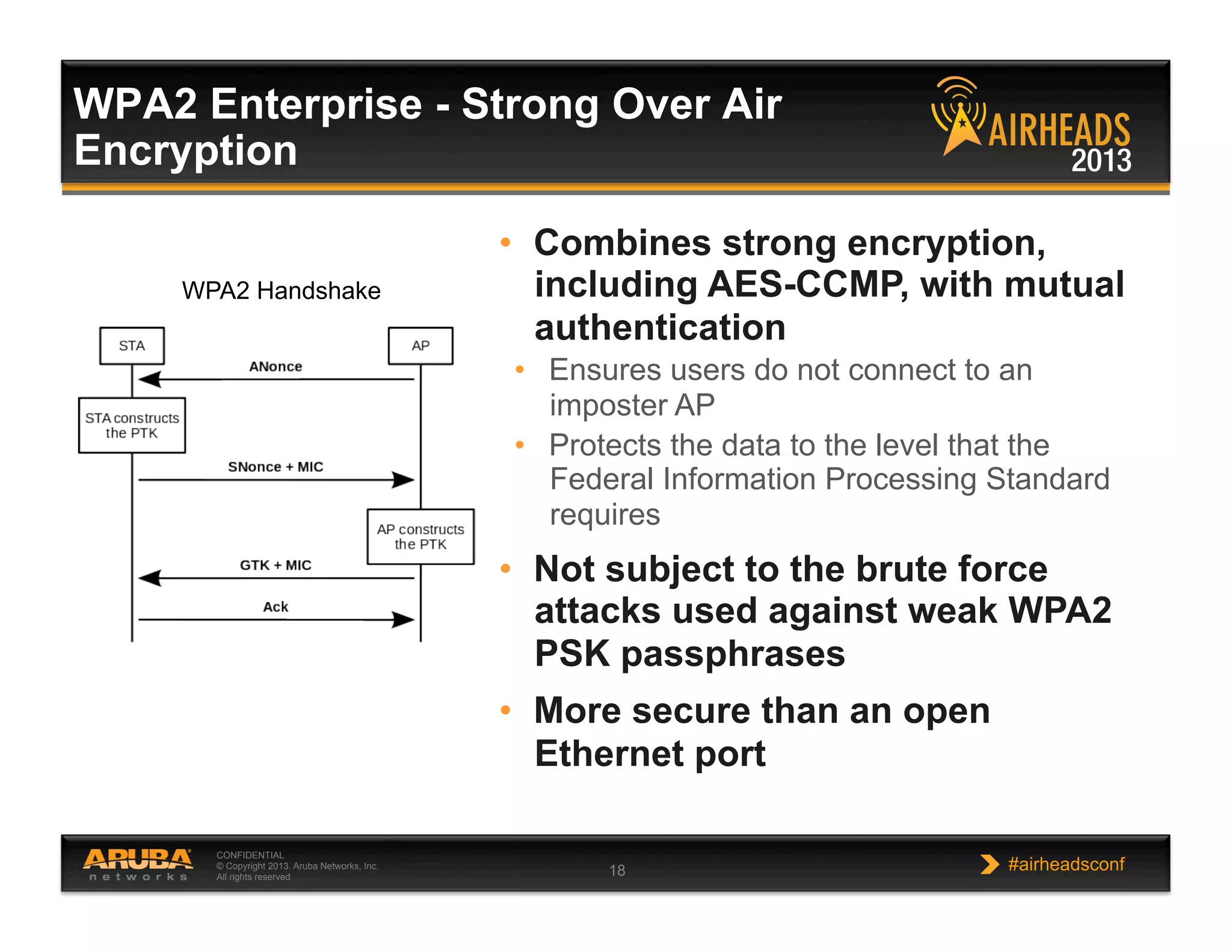 CONFIDENTIAL
© Copyright 2013. Aruba Networks, Inc.
All rights reserved 18 #airheadsconf
WPA2 Enterprise - Strong Over Air
Encryption
•  Combines strong encryption,
including AES-CCMP, with mutual
authentication
•  Ensures users do not connect to an
imposter AP
•  Protects the data to the level that the
Federal Information Processing Standard
requires
•  Not subject to the brute force
attacks used against weak WPA2
PSK passphrases
•  More secure than an open
Ethernet port
WPA2 Handshake
 