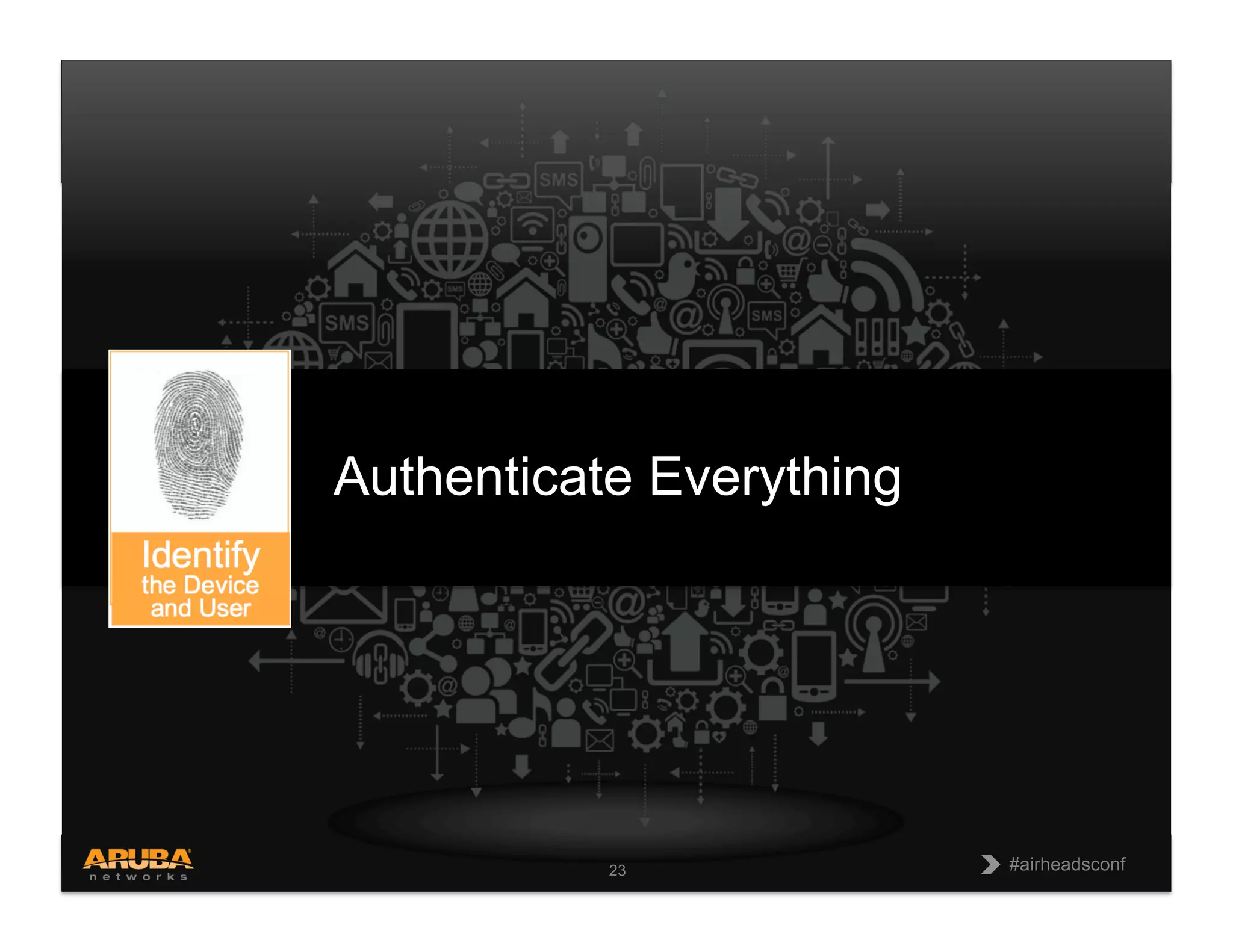 CONFIDENTIAL
© Copyright 2013. Aruba Networks, Inc.
All rights reserved 23 #airheadsconf#airheadsconf23
Authenticate Everything
 