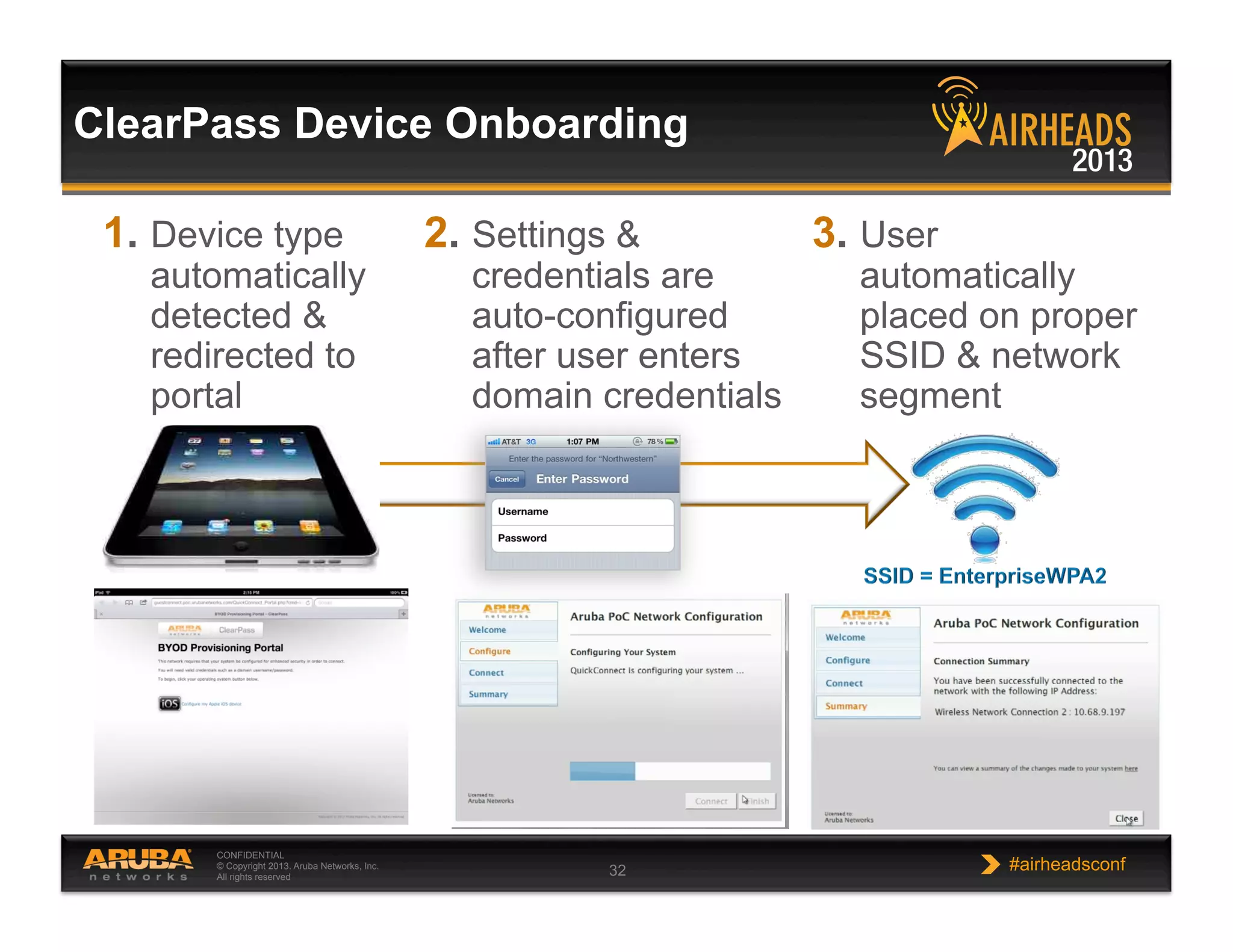 CONFIDENTIAL
© Copyright 2013. Aruba Networks, Inc.
All rights reserved 32 #airheadsconf
1. Device type
automatically
detected &
redirected to
portal
2. Settings &
credentials are
auto-configured
after user enters
domain credentials
3. User
automatically
placed on proper
SSID & network
segment
ClearPass Device Onboarding
 