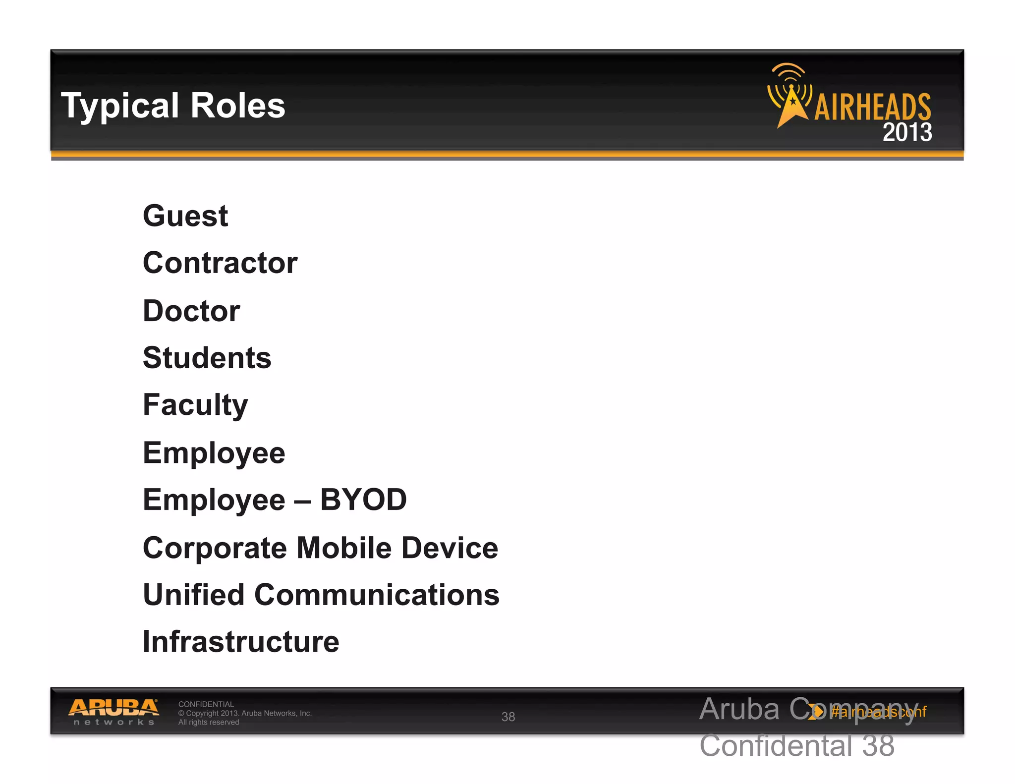 CONFIDENTIAL
© Copyright 2013. Aruba Networks, Inc.
All rights reserved 38 #airheadsconf
Typical Roles
Guest
Contractor
Doctor
Students
Faculty
Employee
Employee – BYOD
Corporate Mobile Device
Unified Communications
Infrastructure
Aruba Company
Confidental 38
 