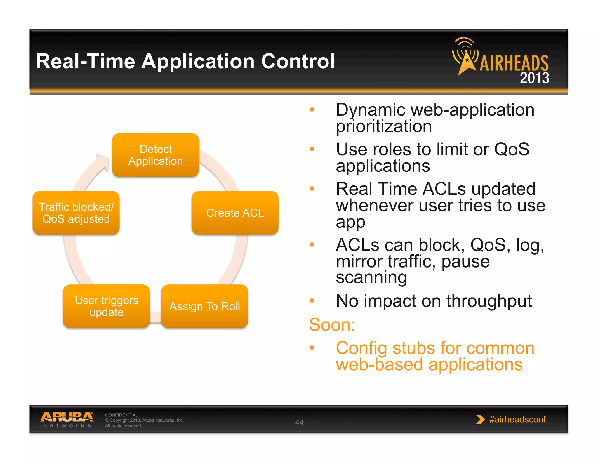 CONFIDENTIAL
© Copyright 2013. Aruba Networks, Inc.
All rights reserved 44 #airheadsconf
Real-Time Application Control
•  Dynamic web-application
prioritization
•  Use roles to limit or QoS
applications
•  Real Time ACLs updated
whenever user tries to use
app
•  ACLs can block, QoS, log,
mirror traffic, pause
scanning
•  No impact on throughput
Soon:
•  Config stubs for common
web-based applications
Detect
Application
Create ACL
Assign To Roll
User triggers
update
Traffic blocked/
QoS adjusted
 