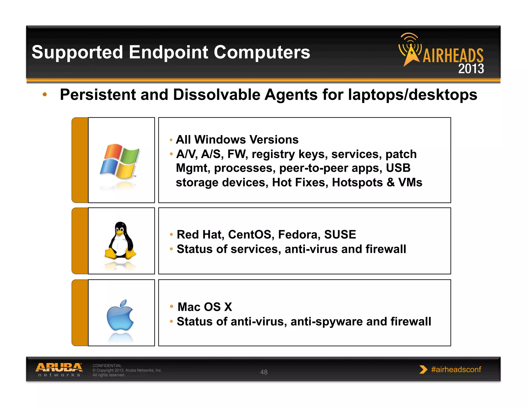CONFIDENTIAL
© Copyright 2013. Aruba Networks, Inc.
All rights reserved 48 #airheadsconf
• All Windows Versions
• A/V, A/S, FW, registry keys, services, patch
Mgmt, processes, peer-to-peer apps, USB
storage devices, Hot Fixes, Hotspots & VMs
• Red Hat, CentOS, Fedora, SUSE
• Status of services, anti-virus and firewall
• Mac OS X
• Status of anti-virus, anti-spyware and firewall
•  Persistent and Dissolvable Agents for laptops/desktops
Supported Endpoint Computers
 