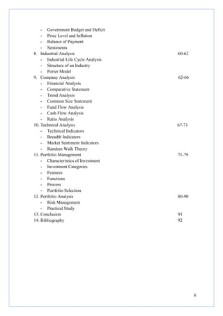 6
- Government Budget and Deficit
- Price Level and Inflation
- Balance of Payment
- Sentiments
8. Industrial Analysis 60-62
- Industrial Life Cycle Analysis
- Structure of an Industry
- Porter Model
9. Company Analysis 62-66
- Financial Analysis
- Comparative Statement
- Trend Analysis
- Common Size Statement
- Fund Flow Analysis
- Cash Flow Analysis
- Ratio Analysis
10. Technical Analysis 67-71
- Technical Indicators
- Breadth Indicators
- Market Sentiment Indicators
- Random Walk Theory
11. Portfolio Management 71-79
- Characteristics of Investment
- Investment Categories
- Features
- Functions
- Process
- Portfolio Selection
12. Portfolio Analysis 80-90
- Risk Management
- Practical Study
13. Conclusion 91
14. Bibliography 92
 