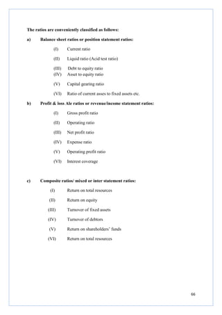 66
The ratios are conveniently classified as follows:
a) Balance sheet ratios or position statement ratios:
(I) Current ratio
(II) Liquid ratio (Acid test ratio)
(III) Debt to equity ratio
(IV) Asset to equity ratio
(V) Capital gearing ratio
(VI) Ratio of current asses to fixed assets etc.
b) Profit & loss Ale ratios or revenue/income statement ratios:
(I) Gross profit ratio
(II) Operating ratio
(III) Net profit ratio
(IV) Expense ratio
(V) Operating profit ratio
(VI) Interest coverage
c) Composite ratios/ mixed or inter statement ratios:
(I) Return on total resources
(II) Return on equity
(III) Turnover of fixed assets
(IV) Turnover of debtors
(V) Return on shareholders’ funds
(VI) Return on total resources
 