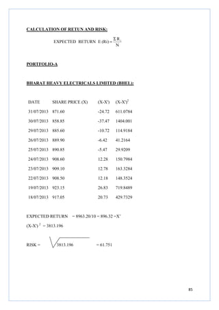 85
CALCULATION OF RETUN AND RISK:
N
R
(Ri)ERETURNEXPECTED iΣ
=
PORTFOLIO-A
BHARAT HEAVY ELECTRICALS LIMITED (BHEL):
DATE SHARE PRICE (X) (X-X') (X-X')2
31/07/2013 871.60 -24.72 611.0784
30/07/2013 858.85 -37.47 1404.001
29/07/2013 885.60 -10.72 114.9184
26/07/2013 889.90 -6.42 41.2164
25/07/2013 890.85 -5.47 29.9209
24/07/2013 908.60 12.28 150.7984
23/07/2013 909.10 12.78 163.3284
22/07/2013 908.50 12.18 148.3524
19/07/2013 923.15 26.83 719.8489
18/07/2013 917.05 20.73 429.7329
EXPECTED RETURN = 8963.20/10 = 896.32 =X’
(X-X') 2
= 3813.196
RISK = 3813.196 = 61.751
 