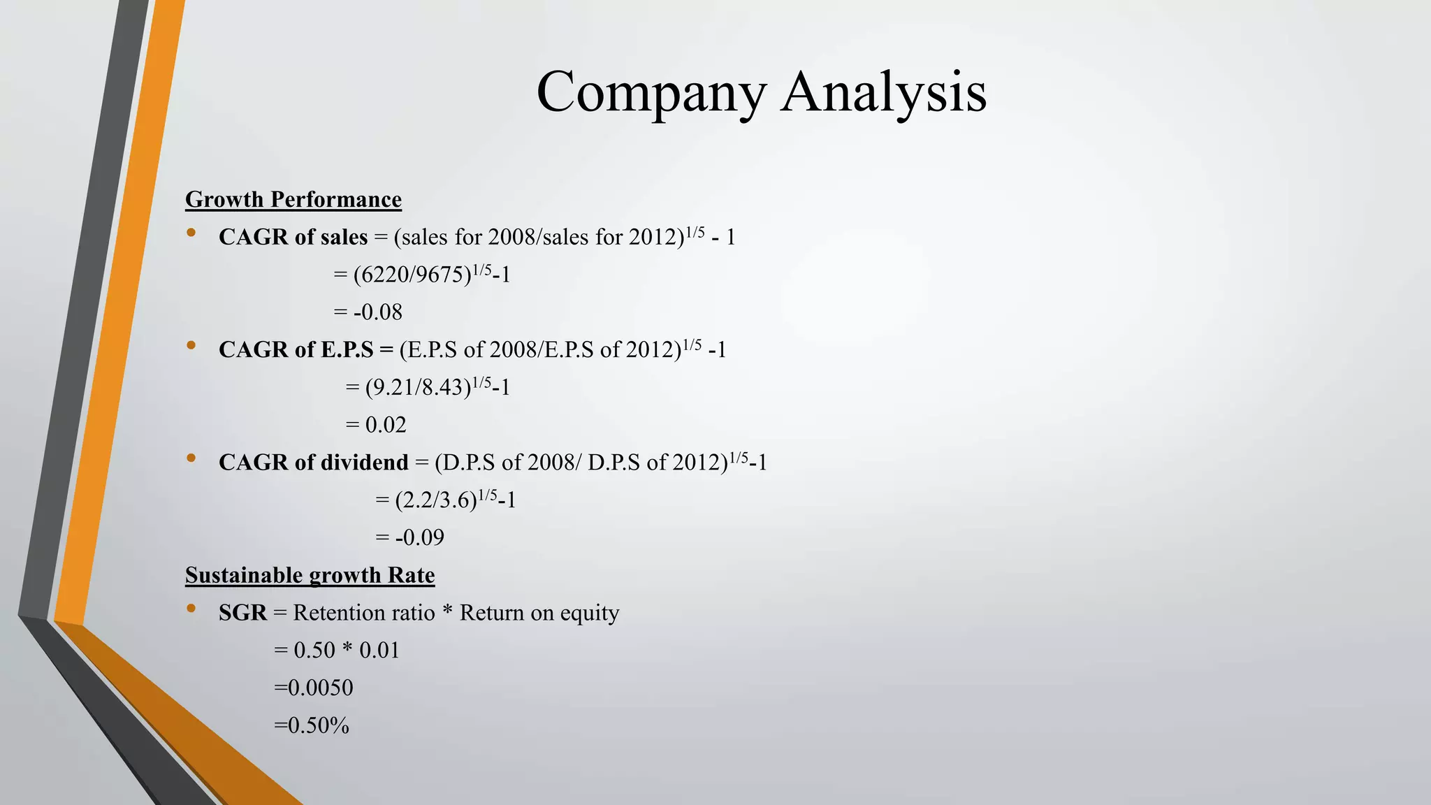 Company Analysis 
Growth Performance 
• CAGR of sales = (sales for 2008/sales for 2012)1/5 - 1 
= (6220/9675)1/5-1 
= -0.08 
• CAGR of E.P.S = (E.P.S of 2008/E.P.S of 2012)1/5 -1 
= (9.21/8.43)1/5-1 
= 0.02 
• CAGR of dividend = (D.P.S of 2008/ D.P.S of 2012)1/5-1 
= (2.2/3.6)1/5-1 
= -0.09 
Sustainable growth Rate 
• SGR = Retention ratio * Return on equity 
= 0.50 * 0.01 
=0.0050 
=0.50% 
 