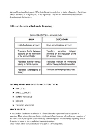 Various Depository Participants (DPs) linked to each one of them in India. a Depository Participant
(DP) is described as an Agent (law) of the depository. They are the intermediaries between the
depository and the investors.
Difference between a Bank and a Depository
PREREQUISITES TO STOCK MARKET INVESTMENT
 PAN CARD
 BANK ACCOUNT
 DEMAT ACCOUNT
 BROKER
 TRADING ACCOUNT
STOCK BROKER
A stockbroker, also known as a broker is a financial market representative who operates in
securities. Their primary job role dictates obtainment of purchase and sale orders and execution of
the same. Market participants or investors rely on their expertise and knowledge regarding market
dynamics to invest in stocks and other investment options.
Share brokers either work individually or as part of a brokerage firm.
 