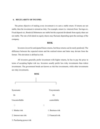 6. REGULARITY OF INCOME:
The prime objective of making every investment is to earn a stable return. If returns are not
stable, then the investment is termed as risky. For example, return (i.e. interest) from Savings a/c,
Fixed deposit a/c, Bonds & Debentures are stable but the expected dividends from equity share are
not stable. The rate of dividend on equity shares may fluctuate depending upon the earnings of the
company.
RISK
Investors invest for anticipated future returns, but these returns can be rarely predicted. The
difference between the expected return and the realized return and latter may deviate from the
former. This deviation is defined as risk.
All investors generally prefer investment with higher returns, he has to pay the price in
terms of accepting higher risk too. Investors usually prefer less risky investments than riskier
investments. The government bonds are known as risk-free investments, while other investments
are risky investments.
RISK
Systematic Unsystematic
Or Or
Uncontrollable controllable
1. Market risk 1. Business risk
2. Interest rate risk 2. Financial risk
3. Purchasing power risk
 