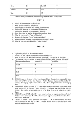 Good 25 Rs.115 9
Normal 50 107 5
Bad 25 97 3
Find out the expected return and variability of return of the equity share.
PART - A
1. Define Investment with its objectives?
2. What are the features of Investment.
3. Differentiate Investment, Speculation and Gambling.
4. Distinguish between Investment and Speculation.
5. Distinguish between Investment and Gambling.
6. Write short note on Market Risk and Interest Rate Risk.
7. What do you mean by Yield to Maturity?
8. How to calculate the Cost of Redeemable Debt?
9. How to measure the Cost of Irredeemable Preference Share?
10. What do you understand Holding Period Return?
PART – B
1. Explain the process of Investment in detail.
2. Define Risk and explain the various classifications of risk.
3. What are the various types of investment alternatives available to an investor?
4. Calculate the expected return, variance and standard deviation from the following:
Economic Conditions Return (%) Probability
Good 20 .1
Average 16 .4
Bad 10 .3
Poor 3 .2
5. BHEL Co. pays a dividend of Rs.5 per share and these dividends are expected to grow
at the rate of 15% for the first 3 years, 11% for the next 2 years and thereafter 9%
forever. The equity capitalization rate is 10%. Find the present value of the equity
share.
6. Premium Co. pays a dividend of Rs.4 per share and this dividend is expected to grow
at the rate of 13% for the first 3 years, thereafter 11% for the next 3 years and later 6%
forever. The equity capitalization rate is 10%. Find the present value of the equity
share.
7. ABC Ltd. Issues 10% Bond with 3 years maturity. Interest is paid semi-annually and
the bond is redeemable at Rs.1000. The investors required rate of return is 5%. Find
the value of the Bond.
8. TISCO Ltd. issues 3 years debenture which pays Rs.190 as annual interest and at the
time of maturity it will pay Rs.1000. Find the present value of the debenture if the
required rate of return is 16%.
 