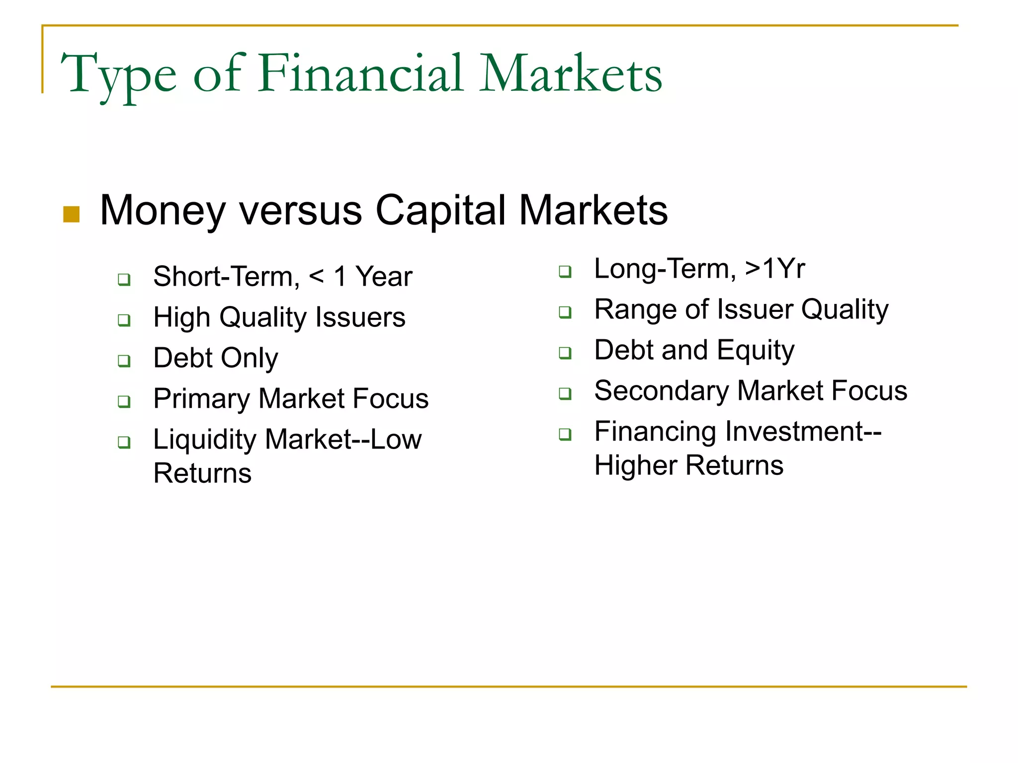 Type of Financial Markets
 Money versus Capital Markets
 Short-Term, < 1 Year
 High Quality Issuers
 Debt Only
 Primary Market Focus
 Liquidity Market--Low
Returns
 Long-Term, >1Yr
 Range of Issuer Quality
 Debt and Equity
 Secondary Market Focus
 Financing Investment--
Higher Returns
 