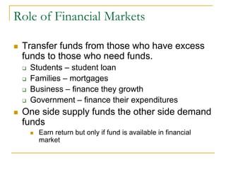 Role of Financial Markets
 Transfer funds from those who have excess
funds to those who need funds.
 Students – student loan
 Families – mortgages
 Business – finance they growth
 Government – finance their expenditures
 One side supply funds the other side demand
funds
 Earn return but only if fund is available in financial
market
 