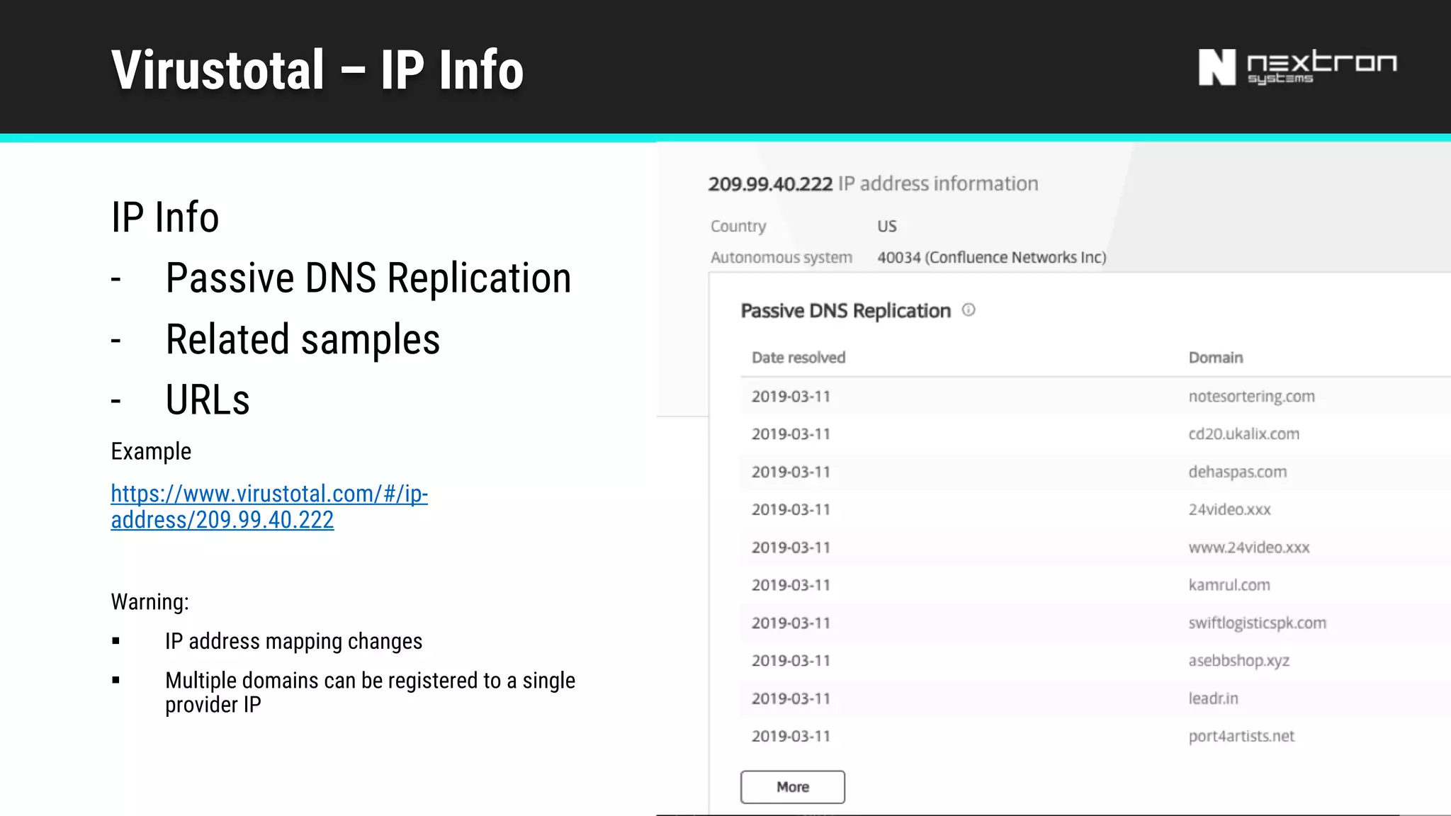 Virustotal – IP Info
IP Info
- Passive DNS Replication
- Related samples
- URLs
Example
https://www.virustotal.com/#/ip-
address/209.99.40.222
Warning:
§ IP address mapping changes
§ Multiple domains can be registered to a single
provider IP
 