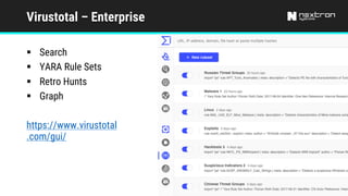 Virustotal – Enterprise
§ Search
§ YARA Rule Sets
§ Retro Hunts
§ Graph
https://www.virustotal
.com/gui/
 