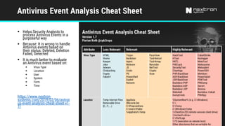 Antivirus Event Analysis Cheat Sheet
§ Helps Security Analysts to
process Antivirus Events in a
purposeful way
§ Because: It is wrong to handle
Antivirus events based on
their status: Deleted, Deletion
Failed, Detected
§ It is much better to evaluate
an Antivirus event based on:
§ Virus Type
§ Location
§ User
§ System
§ Form
§ Time
https://www.nextron-
systems.com/2019/02/06/antivir
us-event-analysis-cheat-sheet-v1-
7/
 