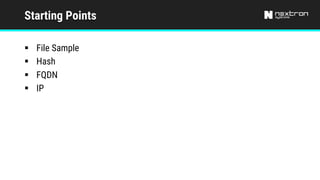 Starting Points
§ File Sample
§ Hash
§ FQDN
§ IP
 