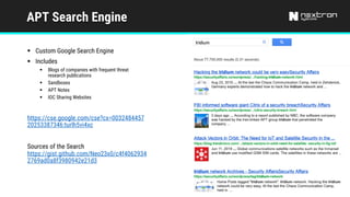APT Search Engine
§ Custom Google Search Engine
§ Includes
§ Blogs of companies with frequent threat
research publications
§ Sandboxes
§ APT Notes
§ IOC Sharing Websites
https://cse.google.com/cse?cx=0032484457
20253387346:turlh5vi4xc
Sources of the Search
https://gist.github.com/Neo23x0/c4f4062934
2769ad0a8f3980942e21d3
 