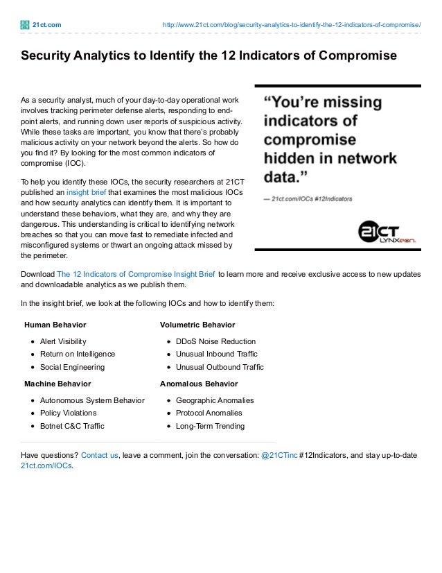 Security Analytics to Identify the 12 Indicators of Compromise