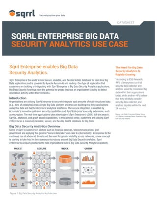 DATASHEET
SQRRL ENTERPRISE BIG DATA
SECURITY ANALYTICS USE CASE
Sqrrl Enterprise enables Big Data
Security Analytics.
Sqrrl Enterprise is the world’s most secure, scalable, and flexible NoSQL database for real-time Big
Data applications and is powered by Apache Accumulo and Hadoop. One type of application that
customers are building or integrating with Sqrrl Enterprise is Big Data Security Analytics applications.
Big Data Security Analytics have the potential to greatly improve an organization’s ability to detect
anomalous activity within their networks.
Introduction
Organizations are utilizing Sqrrl Enterprise to securely integrate vast amounts of multi-structured data
(e.g., tens of petabytes) onto a single Big Data platform and then are building real-time applications
using this data and Sqrrl Enterprise’s analytical interfaces. The secure integration is enabled by
Accumulo’s innovative cell-level security capabilities and Sqrrl Enterprise’s security extensions, such
as encryption. The real-time applications take advantage of Sqrrl Enterprise’s JSON, full-text search,
SqrrlQL, statistics, and graph search capabilities. In this general sense, customers are utilizing Sqrrl
Enterprise as a massively scalable, secure, and flexible NoSQL database for Big Data.
Big Data Security Analytics Overview
Some of Sqrrl’s customers in sectors such as financial services, telecommunications, and
government are applying this general “secure data lake” use case to cybersecurity. In response to the
continued rise of advanced threats and the need for greater visibility across networks, a new concept
is starting to take hold in the cybersecurity industry around Big Data Security Analytics. Sqrrl
Enterprise is uniquely positioned to help organizations build a Big Data Security Analytics capability.
The Need For Big Data
Security Analytics Is
Rapidly Growing
“According to ESG Research,
44% of enterprises say that
security data collection and
analysis would be considered big
data within their organizations
today, while another 44% believe
that they will likely consider
security data collection and
analysis big data within the next
24 months.”
Source: Jon Olstik, Enterprise Strategy Group,
3/13 Market Landscape Report: Evolution of Big
Data Security Analytics
	
  	
  
Figure 1. Big Data Security Analytics Architecture
 