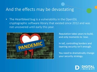 • The Heartbleed bug is a vulnerability in the OpenSSL
cryptographic software library that existed since 2012 and was
not uncovered until early this year.
And the effects may be devastating
Reputation takes years to build,
and only moments to lose.
In IoE, controlling borders and
layering security isn’t enough.
You need to dramatically change
your security strategy.
 