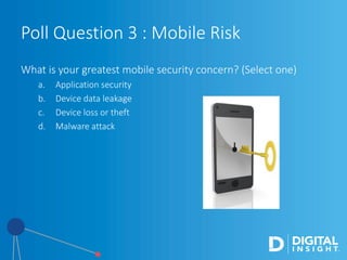What is your greatest mobile security concern? (Select one)
a. Application security
b. Device data leakage
c. Device loss or theft
d. Malware attack
Poll Question 3 : Mobile Risk
 
