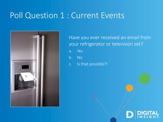 Have you ever received an email from
your refrigerator or television set?
a. Yes
b. No
c. Is that possible?!
Poll Question 1 : Current Events
 