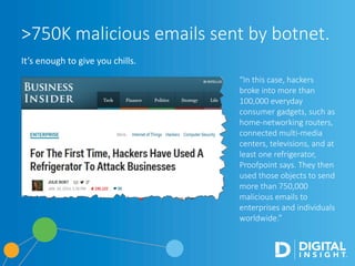 >750K malicious emails sent by botnet.
It’s enough to give you chills.
“In this case, hackers
broke into more than
100,000 everyday
consumer gadgets, such as
home-networking routers,
connected multi-media
centers, televisions, and at
least one refrigerator,
Proofpoint says. They then
used those objects to send
more than 750,000
malicious emails to
enterprises and individuals
worldwide.”
 