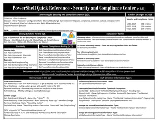 PowerShell Quick Reference - Security and Compliance Center (v1.01)
$LiveCred = Get-Credential
$Session = New-PSSession -ConfigurationName Microsoft.Exchange -ConnectionUri https://ps.compliance.protection.outlook.com/powershell-
liveid/ -Credential $LiveCred -Authentication Basic -AllowRedirection
Import-PSSession $Session
MFA: Connect-IPPSSession -UserPrincipalName damian@practicalpowershell.com
Getting Help
Get-Help <command>
Get-Help <command> -Examples
Get-Help <command> -Full
Examples
Get-Help Set-ComplianceTag
Get-Help Set-ComplianceTag -Examples
Get-Help Set-ComplianceTag -Full
Documentation: https://docs.microsoft.com/en-us/powershell/exchange/office-365-scc/office-365-scc-powershell
Security and Compliance Center Admin Page – https://protection.office.com
Get-Help
Connecting to Security and Compliance Center (SCC)
List all Commands for the Security and Compliance Center
$Name = (Get-Module | where {$_.ModuleType -eq 'Script'}).Name
Get-Command | Where {$_.ModuleName -eq $Name}
Listing Cmdlets for the SCC
Get-TeamsRetentionCompliancePolicy
Get-TeamsRetentionComplianceRule
New-TeamsRetentionCompliancePolicy
New-TeamsRetentionComplianceRule
Remove-TeamsRetentionCompliancePolicy
Remove-TeamsRetentionComplianceRule
Set-TeamsRetentionCompliancePolicy
Set-TeamsRetentionComplianceRule
Teams Compliance Policy (SCC)
eDiscovery Admin - eDiscovery Admins create searches/holds on mailboxes, SharePoint Sites and
OneDrive locations. They also manage/create eDiscovery case, content searches and add members to
handle these cases.
List current eDiscovery Admins – There are zero in a greenfield Office 365 Tenant
Get-eDiscoveryCaseAdmin
New eDiscovery Case Admin
Add-eDiscoveryCaseAdmin -User damian@practicalpowershell.com
Remove an eDiscovery Admin
Remove-eDiscoveryCaseAdmin -User damian@practicalpowershell.com
Replace Current eDiscovery Admin
Update-eDiscoveryCaseAdmin -Users john@domain.com,jane@domain.com
eDiscovery Admin
Role Group Cmdlets:
Get-RoleGroup – User ‘Get-RoleGroup | FL’ to get a detailed list of accounts in the SCC
New-RoleGroup – Add a custom group, with specific roles in the SCC
Remove-RoleGroup – Remove only custom and not built-in Role Groups
Set-RoleGroup – Modify settings on existing Role Groups
Cmdlet Usage:
Get-RoleGroup | Where {$_.Name -like ‘*admin*'} | Ft
New-RoleGroup 'View-Only Auditor' -Roles 'View-Only Audit Logs' -Members George
Remove-RoleGroup -Name 'View-Only Auditor'
Set-RoleGroup -Name 'View-Only Auditor' -Description “Users with View Only Auditing”
$CSV = Import-CSV “CustomGroupDescriptions.csv”
Foreach ($Group in $CSV) {Set-RoleGroup -Name $Group.Name -Description
$Group.Description
}
Role Groups in the SCC
Security and Compliance Center
12.31.2017 158 cmdlets
09.30.2018 190 cmdlets
03.23.2020 259 cmdlets
Cmdlet Changes in 2018
Find existing Sensitive Information Types:
Get-DlpSensitiveInformationType
Create new Sensitive Information Type with Fingerprints:
$Content01 = Get-Content "File01HREmployeeInfo.docx" -Encoding byte
$FingerPrint01 = New-DlpFingerprint -FileData $Content01 -Description "Confidential
Employee Information"
New-DlpSensitiveInformationType -Name "Confidential Employee Information" -Fingerprints
$FingerPrint01 -Description "Sensitive Employee Information - HR"
Remove old unused Sensitive Information Types:
Remove-DlpSensitiveInformationType – Name "Confidential Employee Information"
Change an existing Sensitive Information Type:
Set-DlpSensitiveInformationType – Name "Confidential Employee Information"
DLP Sensitive Information Types
1
 