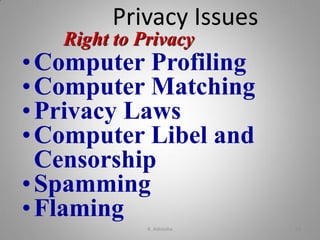 Right to Privacy
•Computer Profiling
•Computer Matching
•Privacy Laws
•Computer Libel and
Censorship
•Spamming
•Flaming
Privacy Issues
K. Adisesha 23
 
