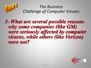 3- What are several possible reasons
why some companies (like GM)
were seriously affected by computer
viruses, while others (like Verizon)
were not?
The Business
Challenge of Computer Viruses
Return to
Cases Page
K. Adisesha 55
 