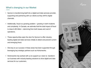 What’s changing in our Market
3
• Symcor is transforming itself into a digital and data services provider,
supporting and partnering with our clients as they shift to digital
channels.
• Additionally, fraud is a growing problem – growing in both incidents
and complexity. In Canada, we estimate that the total impact of fraud
is close to $2 billion – stemming from both losses and cost of
operations.
• These opportunities open the door for Symcor to offer industry-
leading digital and data services initially to detect and prevent current
and emerging fraud.
• One key to our success in these areas has been supported through
leveraging key strategic partners such as Hortonworks.
• Hortonworks has worked with us to support our vision to transform
our business with industry-leading solutions to drive digital and data
services for our customers.
 