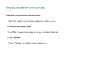 What did the platform have to deliver?
The Platform had to deliver the following items:
• Gain fraud insights from networked data across multiple sources
• Collaborate with industry peers
• Benefit from industry-leading data governance and security controls
• Easy integration
• Process Petabytes of data from various data sources
 