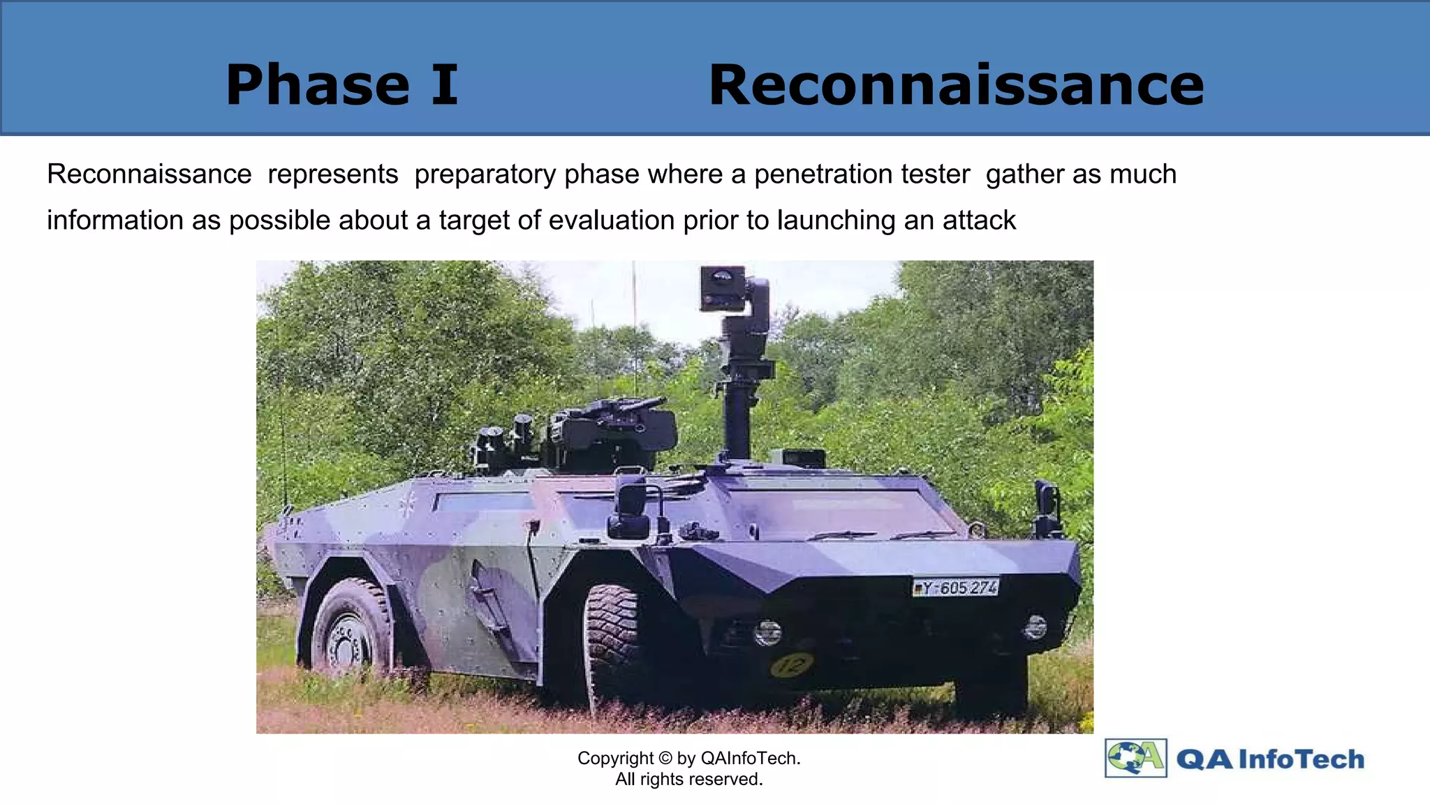 Phase I Reconnaissance
Reconnaissance represents preparatory phase where a penetration tester gather as much
information as possible about a target of evaluation prior to launching an attack
Copyright © by QAInfoTech.
All rights reserved.
 