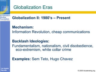   Globalization Eras <ul><li>Globalization II: 1980’s – Present </li></ul><ul><li>Mechanism: </li></ul><ul><li>Information...