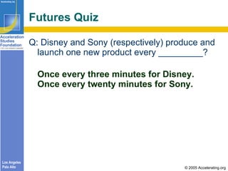 Futures Quiz <ul><li>Q: Disney and Sony (respectively) produce and launch one new product every _________?  </li></ul><ul>...