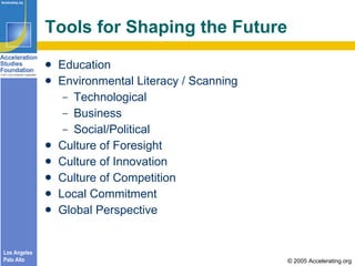 Tools for Shaping the Future <ul><li>Education </li></ul><ul><li>Environmental Literacy / Scanning </li></ul><ul><ul><li>T...