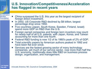 U.S. Innovation/Competitiveness/Acceleration has flagged in recent years <ul><li>China surpassed the U.S. this year as the...