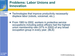 Problems: Labor Unions and Innovation <ul><li>Technologies that improve productivity necessarily displace labor (robots, v...