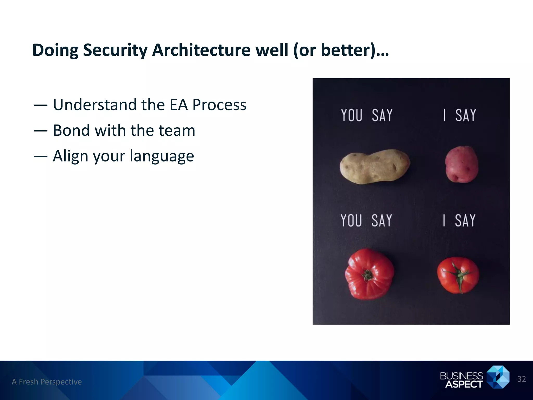 Doing Security Architecture well (or better)…

     — Understand the EA Process
     — Bond with the team
     — Align your language




A Fresh Perspective                                  32
 