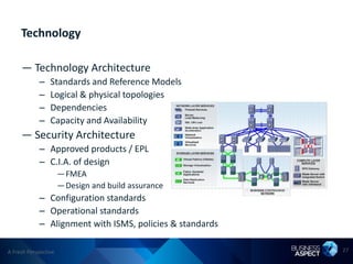 Technology

     — Technology Architecture
            –    Standards and Reference Models
            –    Logical & physical topologies
            –    Dependencies
            –    Capacity and Availability
     — Security Architecture
            – Approved products / EPL
            – C.I.A. of design
                      —FMEA
                      —Design and build assurance
            – Configuration standards
            – Operational standards
            – Alignment with ISMS, policies & standards

A Fresh Perspective                                       27
 