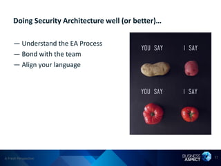 Doing Security Architecture well (or better)…

     — Understand the EA Process
     — Bond with the team
     — Align your language




A Fresh Perspective                                  32
 